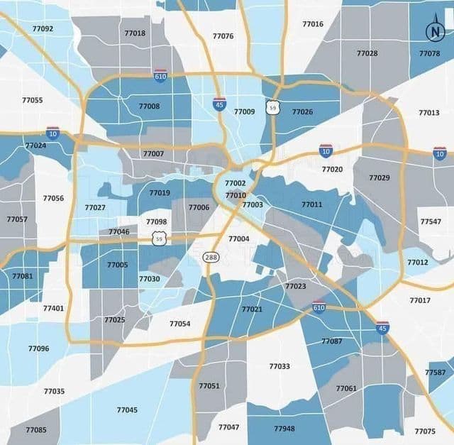 Plan des codes postaux de Houston